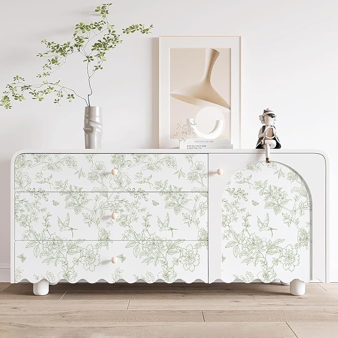 Froluya Green and White Peel and Stick Floral Wallpaper 17.7in×118.1in | Boho Floral Self Adhesive Wallpaper Vintage Flower Bird Removable Contact Paper for Bathroom Shelf Liner Cabinets Vinyl - Image 9