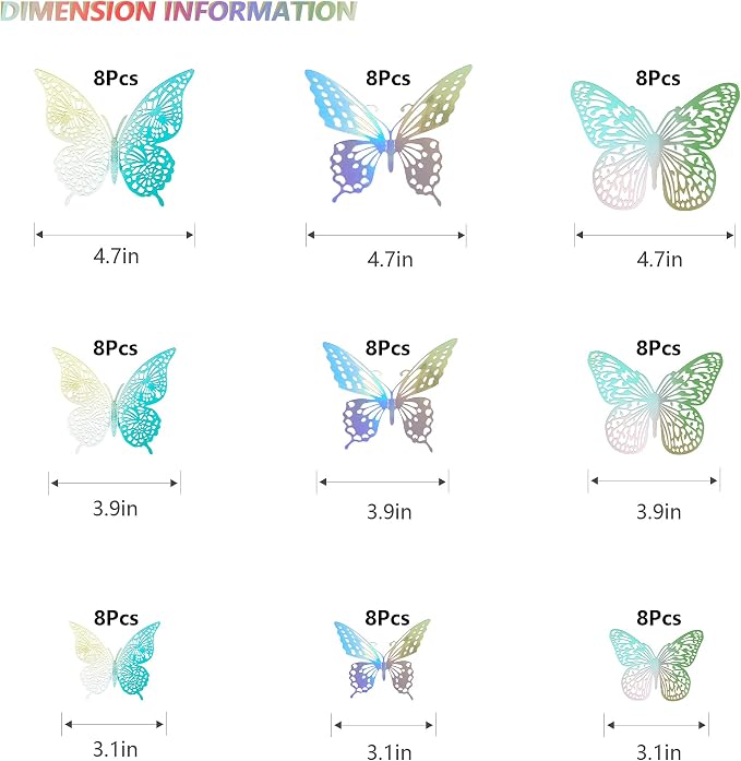 SAOROPEB 3D Butterfly Wall Decor, 72 Pcs 3 Styles 3 Sizes, Removable Metallic Wall Sticker Room Mural Decals for Kids Bedroom Nursery Classroom Party Decoration Wedding Decor DIY Gift (Laser) | 3 Styles 3 Sizes, Removable Metallic Wall Sticker Room Mur... - Image 6