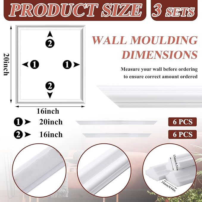 Colingmill Accent Wall Molding Kit Premade Panel,3set,16x20in | Wainscoting Panels, Peel and Stick, Wall Moulding, 3D, White, Pre Cut Picture Frame Trim, for Walls Home Decoration - Image 2