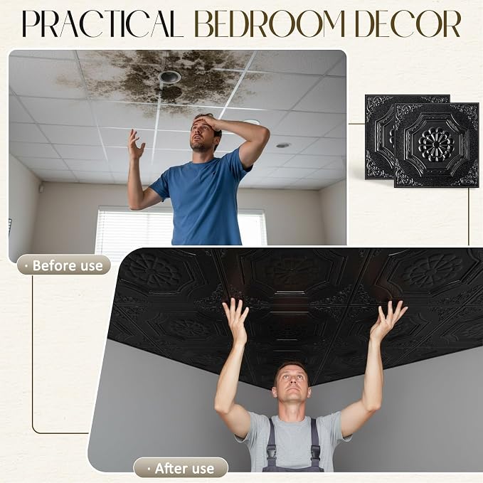 Nuanchu 30 Pcs 13.8 x 13.8 Inch Ceiling Tiles Peel and Stick, Black | Foam White 3D Wall Panels 26-105.5 Sq. ft Adhesive Glue up Waterproof Wallpaper for DIY Office Home - Image 4