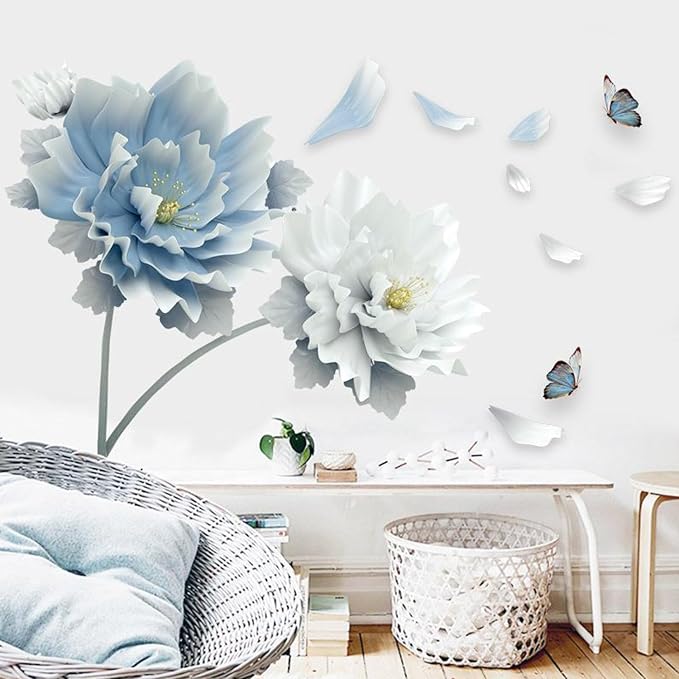 Large Peony Flower Wall Decals Elegant Blue and White Floral Wall Sticker Removable Vinyl Blossom Murals with Flying Butterflies Petals for Living Room Bedroom Sofa TV Background Home Decor by THISFIND