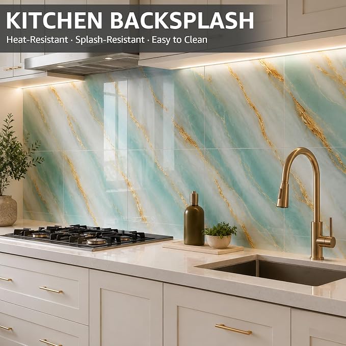 WADILE 20PC Waterproof Peel and Stick Wall Panels 11.8 x 11.8 Green | Marble look, Self adhesive, PVC Panels, Lightweight Foam Wall Panels, Bathroom, Kitchen, Not Real Tile - Image 7