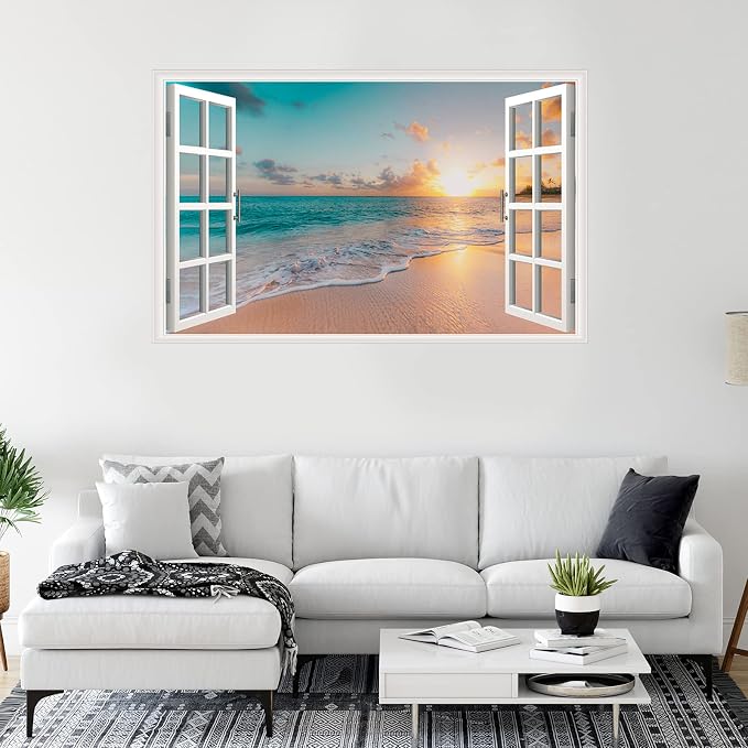Sea Beach Wall Sticker Sunset Seascape Fake Window Wall Stickers Tropical Sandy Beach Faux Window Wall Decal Removable Ocean Landscape Window View Wall Mural for Living Room - Image 2