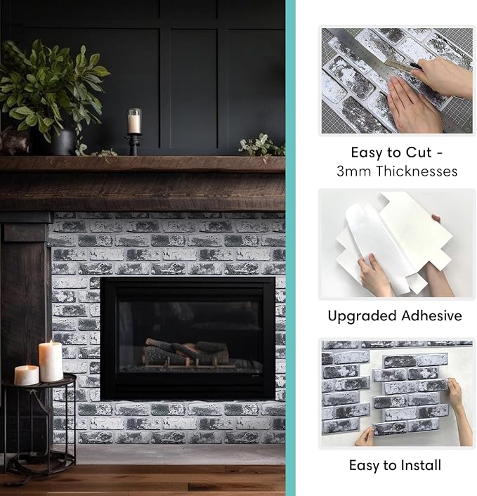 Commomy Faux Brick Panels Peel and Stick Wall Stickers 10 Pcs 11.8" x 11.8" | Small Size Thin PVC Wash Grey Fake 3D Brick Wallpaper for Kitchen,Fireplace,Home Office,Wall Covering Decor(Covers 9.7 sq.ft) - Image 6