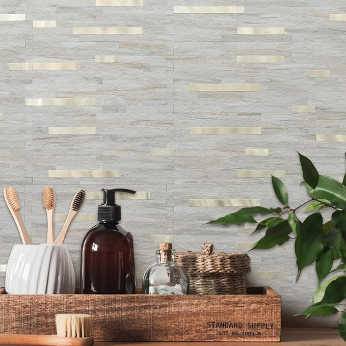 AULIGET 20 Sheets Faux Stone Peel and Stick Backsplash, Beige Marble Look PVC Wall Tile Stick on Backsplash for Kitchen and Bathroom - Image 6