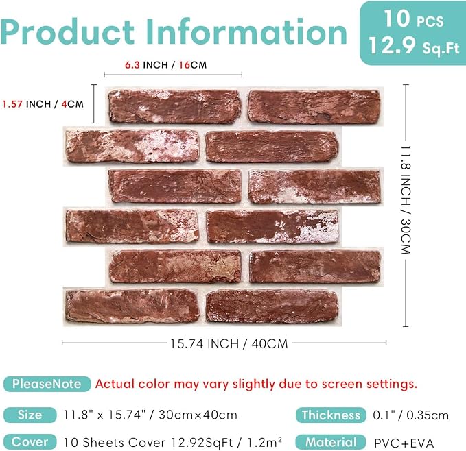 Commomy 3D Faux Brick Wall Panels Peel and Stick - 10pcs 15.74" x 11.8" | Ultralight Thin PVC Fake Brick Wallpaper Tiles Wall Covering for Home Office,Living Room Quick DIY Home Decor(12.92 sq.ft) - Image 5
