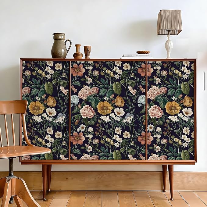 Livebor Floral Peel and Stick Wallpaper Floral Contact Paper 16.9"x196.8" | Dark Flower Wallpaper Neutral Boho Self Adhesive Removable Wall Paper for Cabinets Bathroom Waterproof Decorative Vinyl - Image 3
