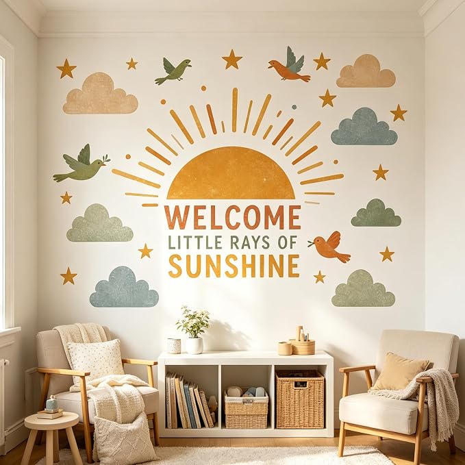 Boho Sun Wall Decal Watercolor Modern Half Sun Wall Decal Sun Cloud Birds Wall Stickers Vinyl Sticker for Classroom Playroom Bedroom Wall Decor by Denylopro