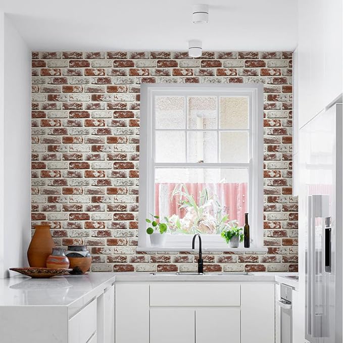 Commomy Faux Brick Panels Peel and Stick Wall Stickers 10 Pcs 11.8" x 11.8" | Small Size Thin PVC Red Fake 3D Brick Wallpaper for Kitchen,Fireplace,Home Office,Wall Covering Decor(Covers 9.7 sq.ft) - Image 7