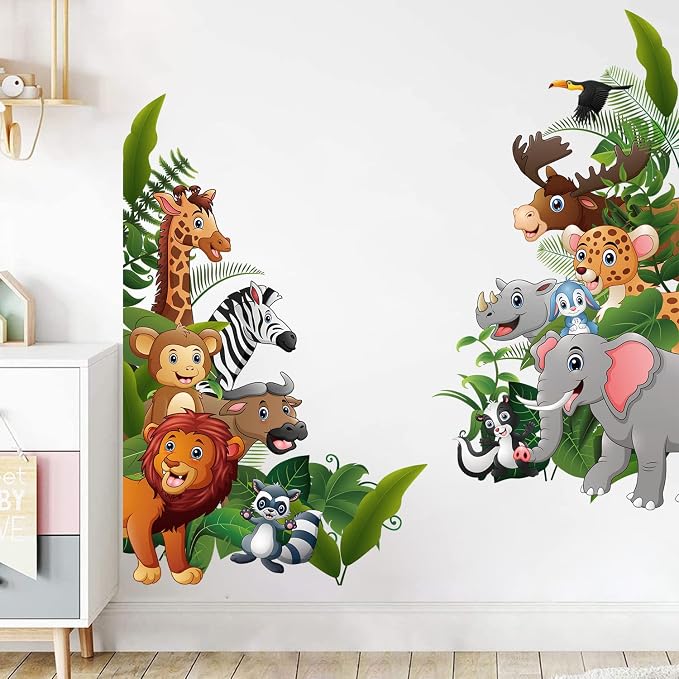 Supzone Jungle Animal Wall Stickers Cartoon Animal Wall Decal Elephant Monkey Giraffe Lion Wall Decor DIY Vinyl Mural Art for Kids Baby Nursery Bedroom Living Room Playroom - Image 4