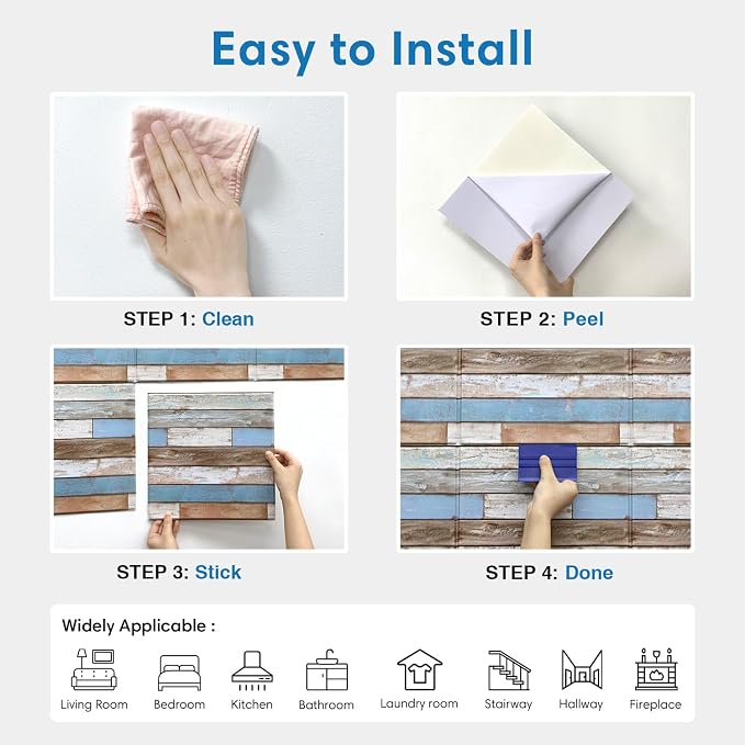 COMSTICKC 3D Peel and Stick Faux Wood Wall Sticker, 10 Pcs 11.8" x 11.8" | Not Real Wood, Lightweight Thin PVC Decorative Wall Panels Designed for DIY Interior Farmhouse Wall Makeover, Cover 9.7 sq ft - Image 8