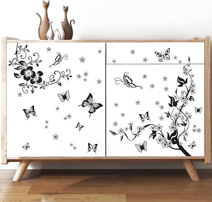 Supzone Flowers Vine Wall Decals - Black Flowers Stickers, Butterfly Decor, Removable Vinyl Art for Bedroom, Living Room, Office, Sofa Backdrop, TV, Home Decoration - Image 3