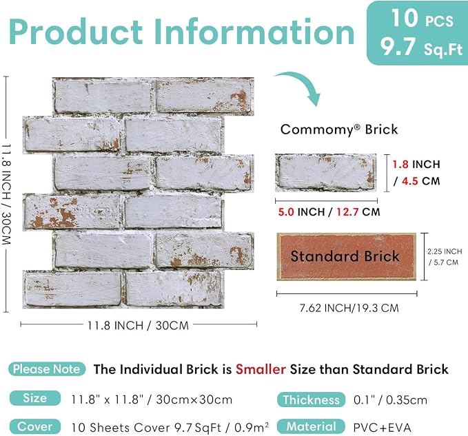 Commomy 3D Wall Panels Peel and Stick Faux Brick 10 Pcs 11.8" x 11.8" | Small Size Thin PVC Brick Wallpaper Tiles Backsplash for Kitchen,Bedroom,Living Room,Quick DIY Wall Decor(Covers 9.7 sq.ft) - Image 4