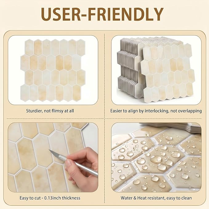Arttown Peel and Stick 3D Wall Backsplash, 10-Sheet, 12" × 12" Hexagon | Subway Tile Self Adhesive Thicker Design Wall Tiles Panel Wallpaper for Kitchen Bathroom Balcony - Image 6