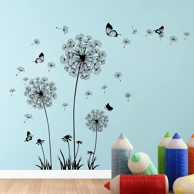 Dandelion Wall Decals Removable Flower Wall Stickers Peel and Stick Floral Butterfly Murals Party Decoration for Bedroom Living Room Sofa Backdrop TV Dandelion Wall Decor (Black) - Image 5
