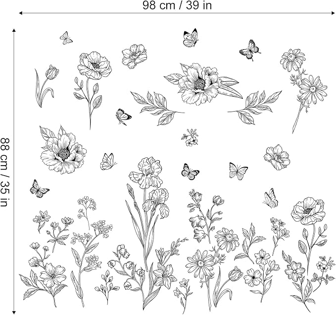 Large Boho Black Flower Wall Decals Wildflower Butterfly Simple Wall Stickers Removable Wall Art Decor for Living Room Bedroom Office - Image 5