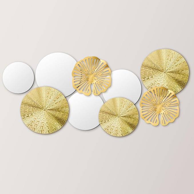 Hicarer 9 Pcs Gold Mirror Wall Decor Round Metal Art Decor Decorative Modern Circle Mirror Wall Art Sculpture Hanging Decorations for Home Living Room Bedroom Office(Gold) - Image 2