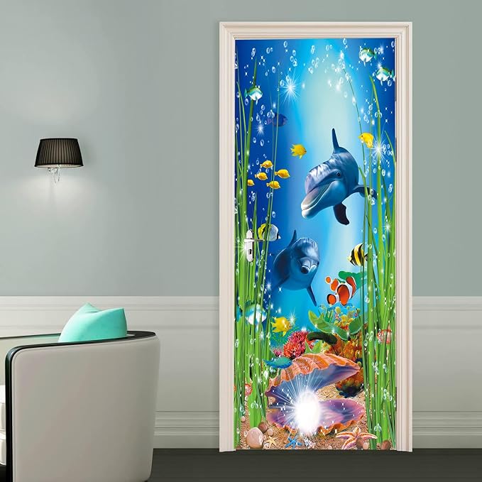 artfanke 3D Peel and Stick Door Sticker 30.3"x78.7"- Self-Adhesive Door Wallpaper Murals Decal-Dolphin Shell Undersea World Wall Poster for Home Decor (2 Sheets/Set) - Image 7