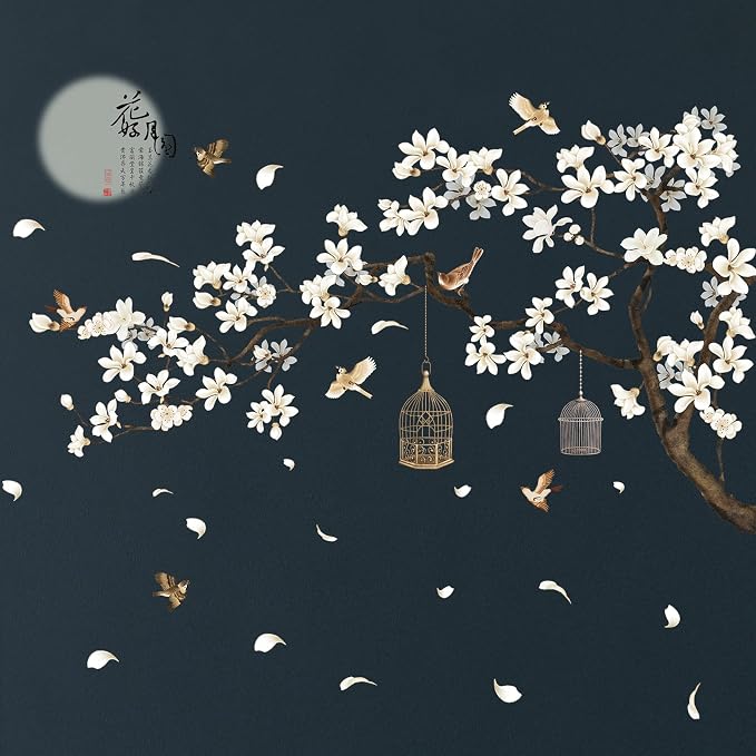 LiveGallery White Peach Blossm Flowers Wall Stickers Chinese Style Tree Branches Wall Decals Removable DIY Ancient Poems Petal Moon Birdcage Wall Art Murals for Girls Bedroom TV Background (Right) - Image 6