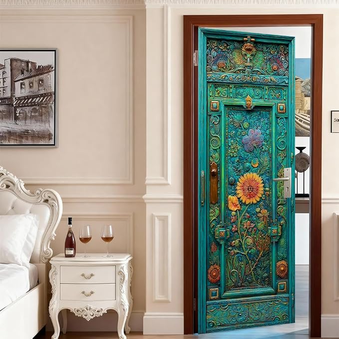 Vintage Floral Door Mural, Teal Ornate Door Decor | Waterproof PVC, 30.3" W x 78.7" L; turquoise floral design for entryway, bedroom, living room or office doors. - Image 3