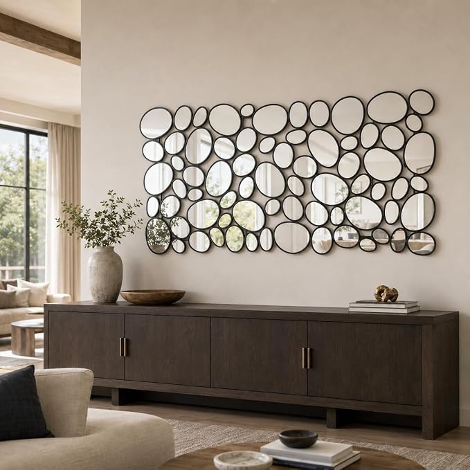 Black Mosaic Wall Mirror, 27.55" x 55" Large Pebble Geometric Decorative Mirror with 71 Irregular Mirror Pieces, Modern Accent Wall Decor for Living Room, Entryway, Bedroom, Hallway by NXHOME