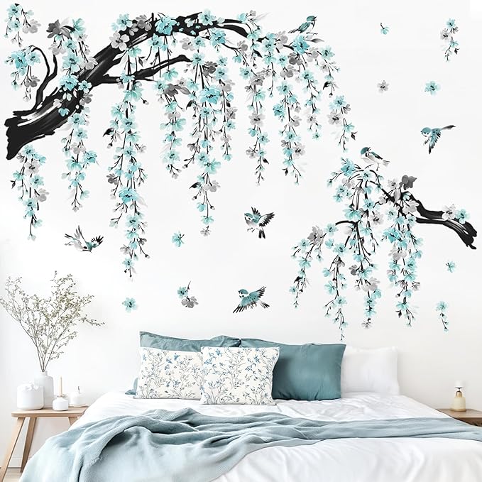 wondever Blue Flower Branch Wall Decals Blossom Tree Branches Wall Stickers | Peel and Stick, Removable, Wall Art Decals, Wall Decoration, Living Room Bedroom, Office Sofa TV Home Wall Decor - Image 2