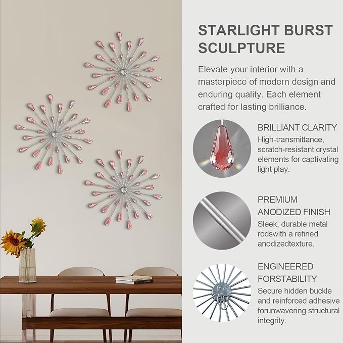 ZEXUIRU 3 Set Silver Starburst Wall Art for Home Decor Metal Bling Crystal Rhinestones Sunburst Wall Decor Sparkling Rhinestone Art Accent Silver - 13in - Image 4