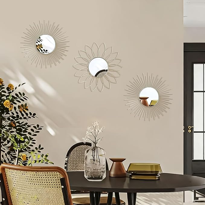 3 Pack Metal Mirrors for Wall Sunburst Wall Mirrors Home Décor Decorative Hanging Wall Art for Living Room Bedroom Entryway (Silver2, Flower+Sunburst) - Image 3