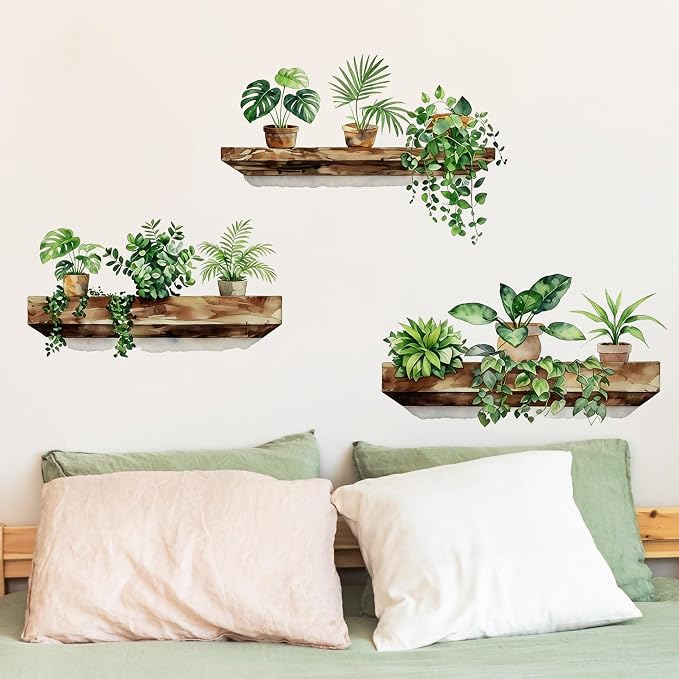 Green Plant Wall Decals - 3D Bonsai Tropical Vine Leaves Wall Stickers - Peel and Stick, Removable, Boho Hanging Potted Art Decor - for Living Room, Bedroom, and Home Office - Image 6