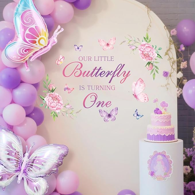 LHIUEM Butterfly First Birthday Decals Purple Our Little Butterfly is Turning One Inspiration Wall Signs Pink Floral Baby Girl Fairy Happy Birthday Party Stickers Supplies for Balloon Arch Background - Image 5