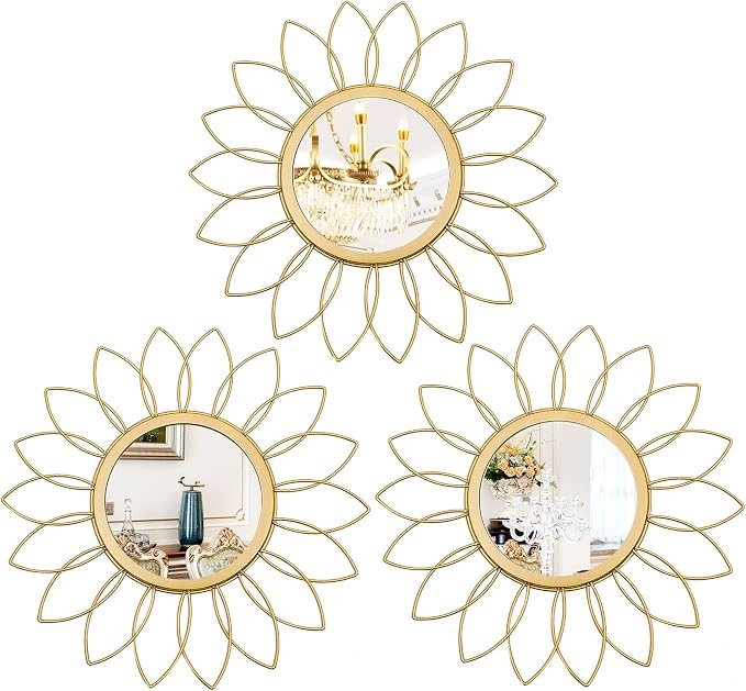 3 Pack Metal Mirrors for Wall Sunburst Wall Mirrors Home Décor Decorative Hanging Wall Art for Living Room Bedroom Entryway (Gold, Flowers) by Uaussi