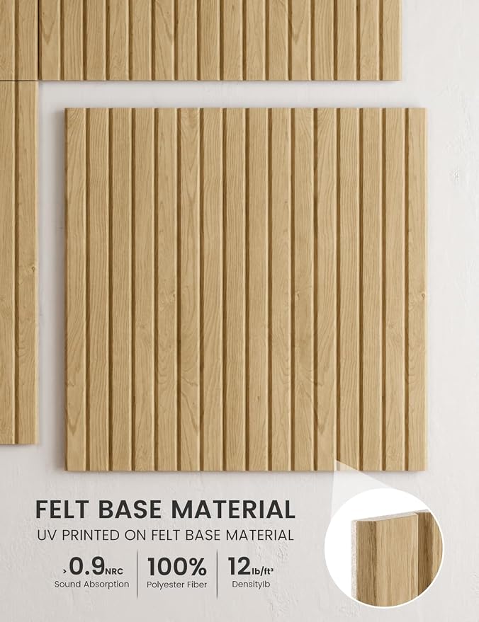 Fluxynara 6-Pack Large Felt Bulletin Board, Natural Oak Slat | 70.87" x 47.24" Cork Board Alternative, Acoustic Wall Panels with 60 Adhesive Tabs for Recording Studios and Home Offices - Image 3