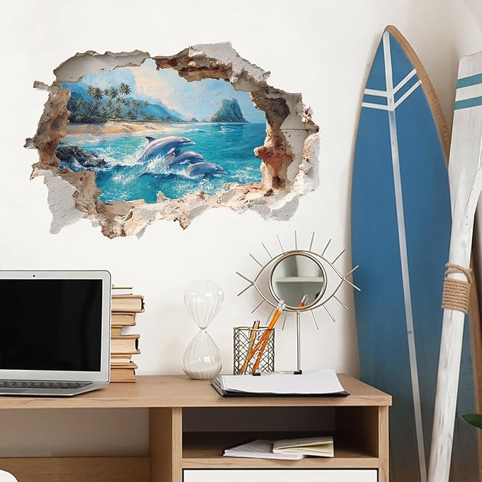 Dolphin Ocean Wall Decals Stickers, Sea Landscape Animal Wall Art Peel and Stick, Removable Vinyl Wall Decor for Bedroom, Living Room, Office, Home Decoration - Image 5