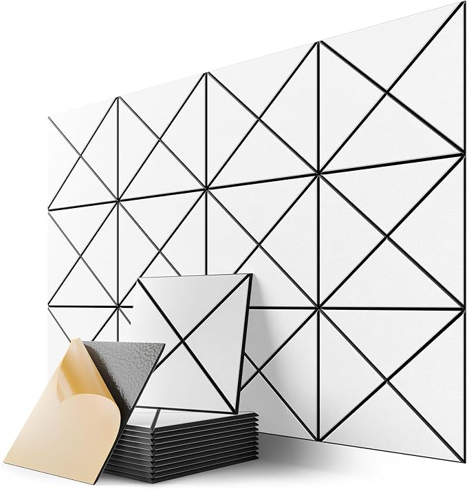 12 Pack Self-Adhesive Acoustic Panels, 12" X 12" X 0.4" X-Line Sound Proof Foam Panels for Walls, Soundproof Wall Panels for Home & Office (White on Black) by Lebenforce