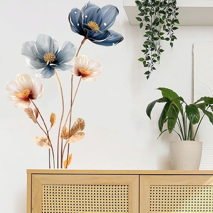 Gold Leaf Blue Flower Wall Decal PVC Wall Sticker Vintage Watercolor Floral Wall Art for Living Room Bedroom Home Decor - Image 6