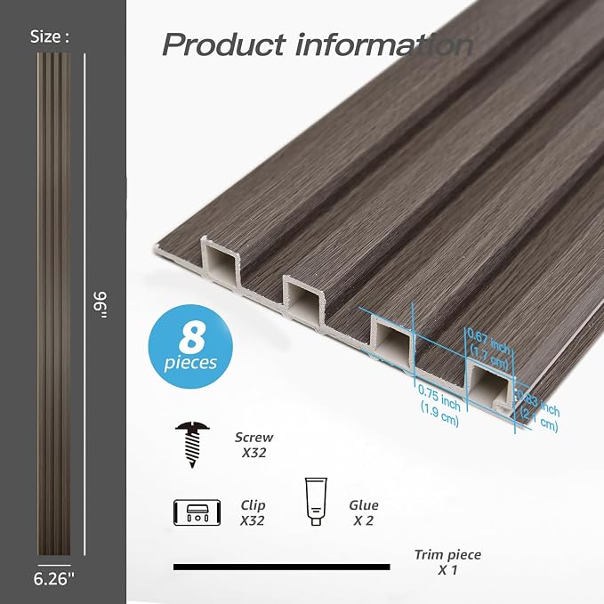 Art3d 96 x 6 in WPC Slat Wall Paneling for Interior Decor, 8-Pack, Grey Oak | Fluted Design, Durable, Moisture Resistant, Cleanable, Easy to Install, Eco-Friendly, for Living Room, Bedroom or Office - Image 3