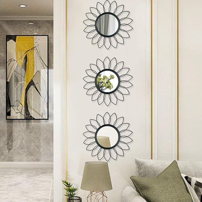3 Pack Metal Mirrors for Wall Sunburst Wall Mirrors Home Décor Decorative Hanging Wall Art for Living Room Bedroom Entryway (Black, Flowers) - Image 6