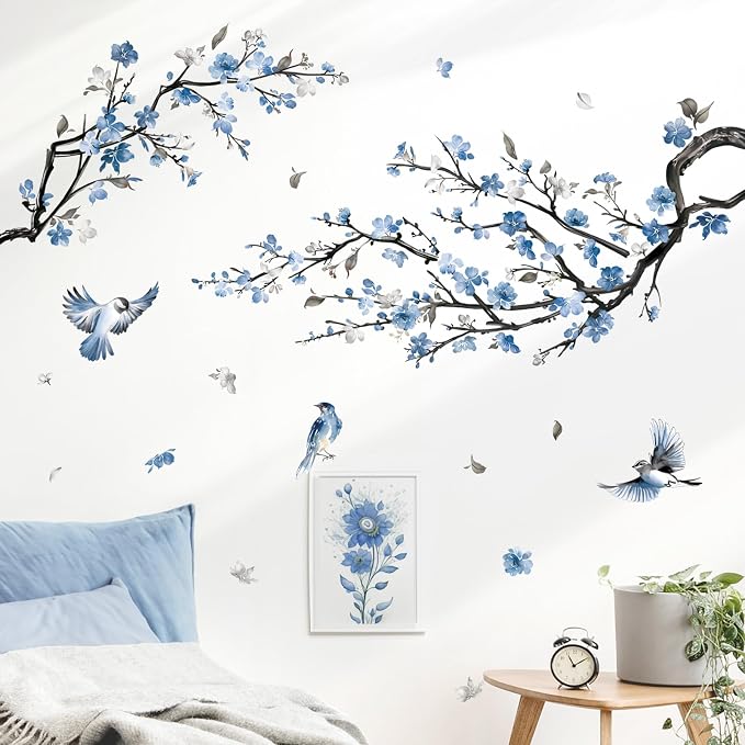 decalmile Blue Flower Branch Blossom Tree Branch Wall Decals Stickers - Image 3