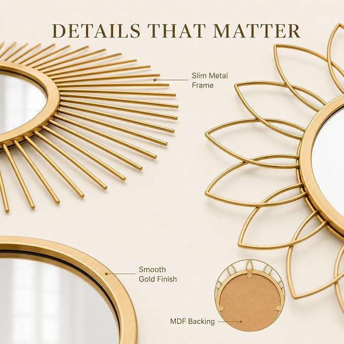 Gold Sunburst Mirror 14x14 Inch, Decorative Wall Accent with Metal Frame, Small Sun Mirror for Living Room, Bedroom, Entryway, Hallway, Boho Modern Home Decor - Image 2