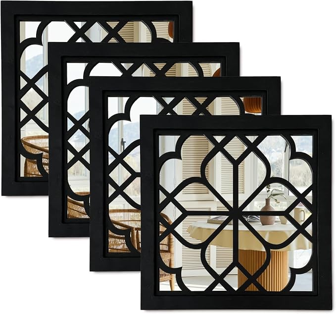 ZEXUIRU 4 Set Rustic Wall Mirrors for Bedroom Bathroom Living Room Entryway Wood Farmhouse Square Easy to Hang Framed Decorative Accent Hanging Wall-Mounted Mirror Set for Living Room - Black by ZEXUIRU