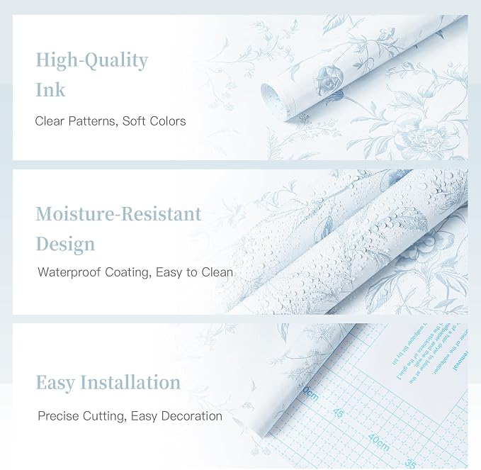 Dimoon 78.7"x17.3" Blue Wallpaper Floral Peel and Stick Wallpaper Blue Contact Paper Vintage French Country Renter Friendly Bathroom Boho Flower Removable Wall Paper Kitchen Self Adhesive Vinyl Roll - Image 8