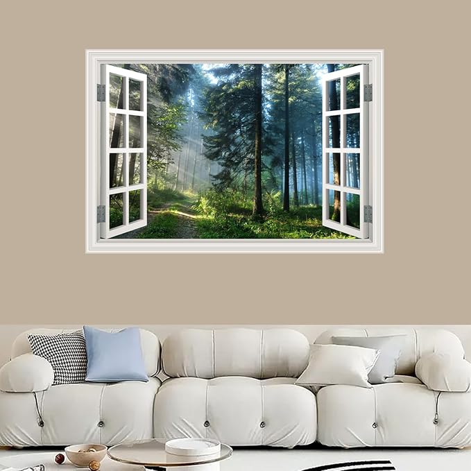 Fake Window Poster Wall Decal - Morning Forest Faux Window Wall Mural Prints for Wall Decor, Peel and Stick Wall Sticker 48" x 32" Set of 2 Sheets - Image 6
