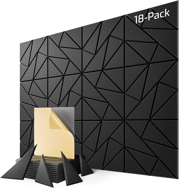 18 Pack Geometric Design Sound Proof Foam Panels for Walls 12"x12"x0.4" Fabric | Cuttable self-adhesive acoustic panels for home office studio noise reduction with flexible DIY layout, decorative Black by Lebenforce