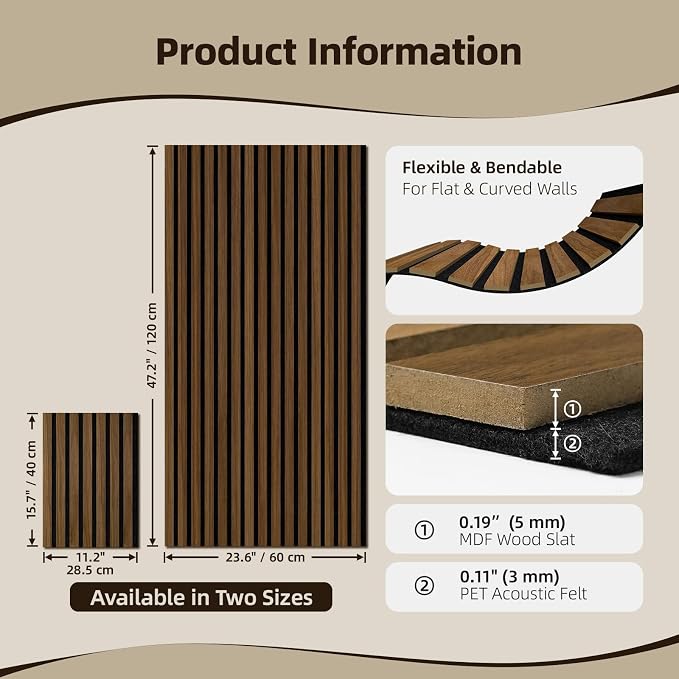 Vieshful 4-Pack Acoustic MDF Wood Slat Wall Panels for Flat & Curved Walls | 11"x15.7", Sound Absorbing Panels for Living Room, Columns, TV Walls & Interior Decor, Walnut - Image 2