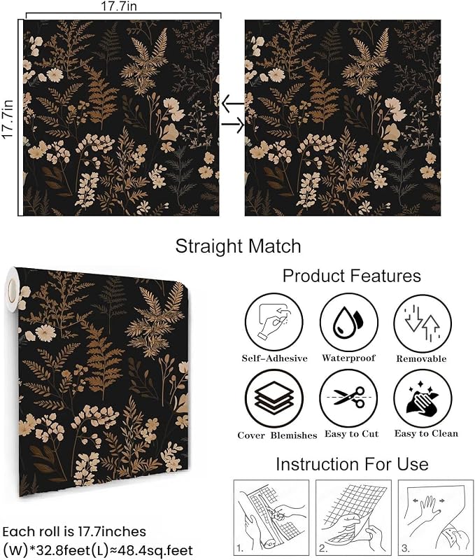 Moody Dark Vintage Floral Peel and Stick Wallpaper 17.7"x393.7" | Self-adhesive removable waterproof vinyl wall covering with botanical pattern for renter-friendly bedrooms and accent walls - Image 5