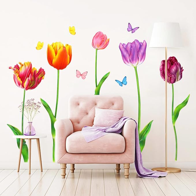 DECOWALL SG2-2116 5 Large Tulip Wall Decals Colorful Flower Butterfly Stickers for Bedroom Living Room Nursery Bathroom Home Decor Art Decoration DIY - Image 2