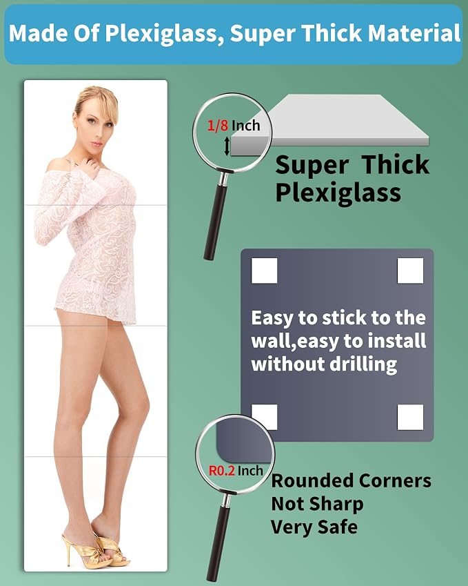 Unbreakable Full Length Wall Mirror Tiles, 4 PCS 16 x 12 Inch, Over The Door Mirrors, Full Body Mirror for Kids, Made of Shatterproof Plastic Acrylic, Long Bedroom Closet Workout Mirrors for Home Gym - Image 8