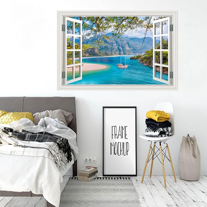 Fake Window Wall Decal- Beach Seascape Mountain Forest Open Wall Sticker | Faux Window Summer Natural Scenery Landscape Mural｜ Stick and Peel Decals｜for Home Office Scene Decor｜48"x32",Set of 2 Sheet - Image 8