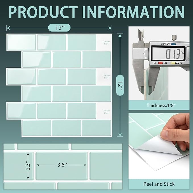 Arttown Peel and Stick 3D Wall Backsplash, 20-Sheet, 12" × 12" Aqua Green | Subway Tiles Self Adhesive Thicker Design Wall Tile Panel Wallpaper for Bathroom Balcony Kitchen - Image 3