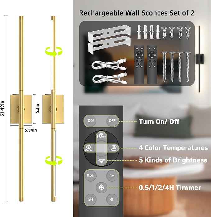 iThird Battery Operated Wall Sconces Set of 2, 10000mAh, Gold | remote control and 360° rotation, for picture display TV wall mirror bedroom or living room home decor - Image 2